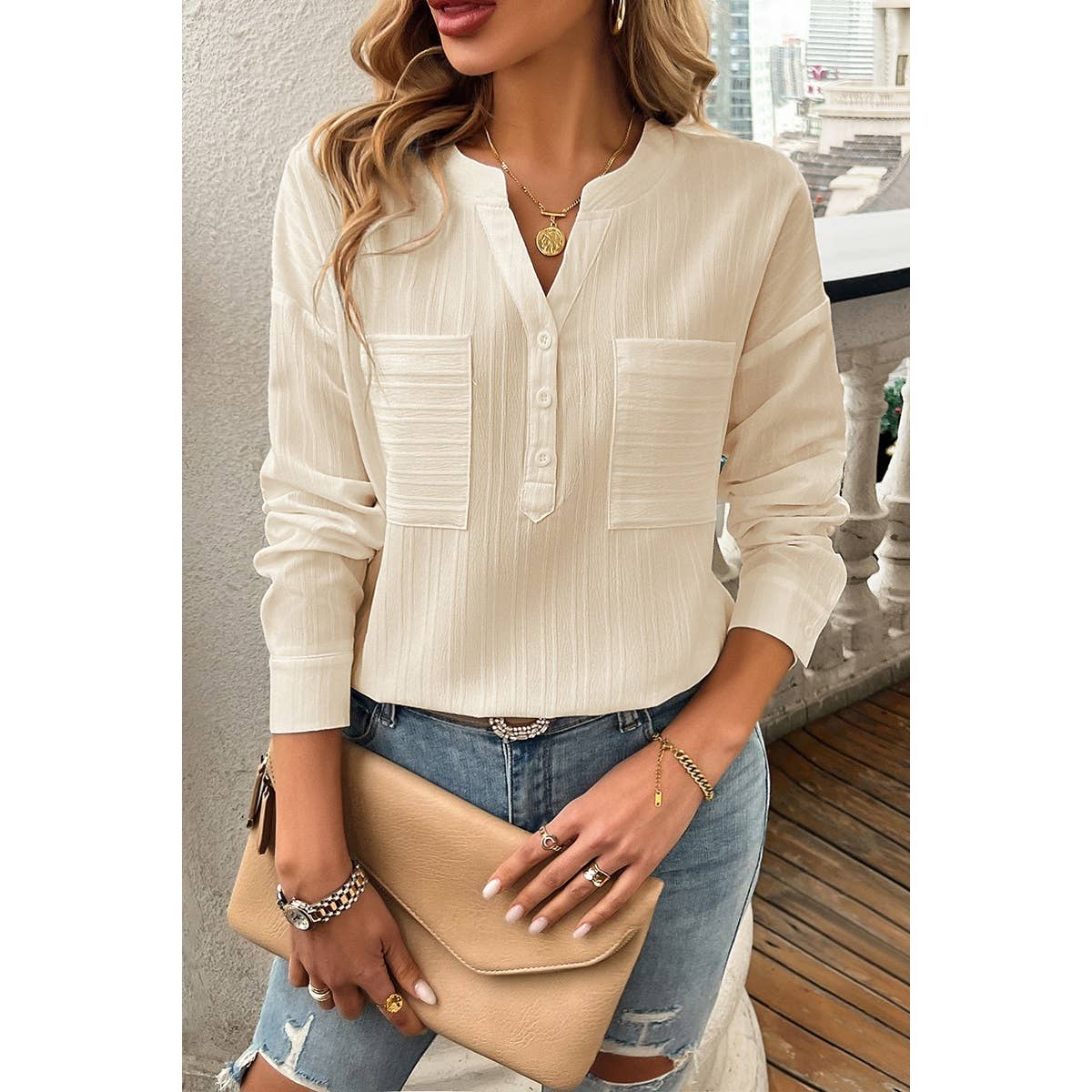 Pleated V Neck Pockets Button Drop Shoulder Blouse - MVTFASHION.COM