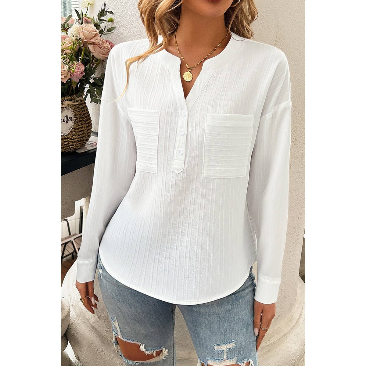 Pleated V Neck Pockets Button Drop Shoulder Blouse - MVTFASHION.COM