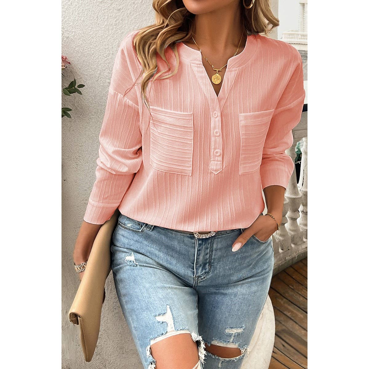 Pleated V Neck Pockets Button Drop Shoulder Blouse - MVTFASHION.COM