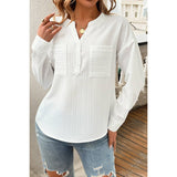 Pleated V Neck Pockets Button Drop Shoulder Blouse - MVTFASHION.COM