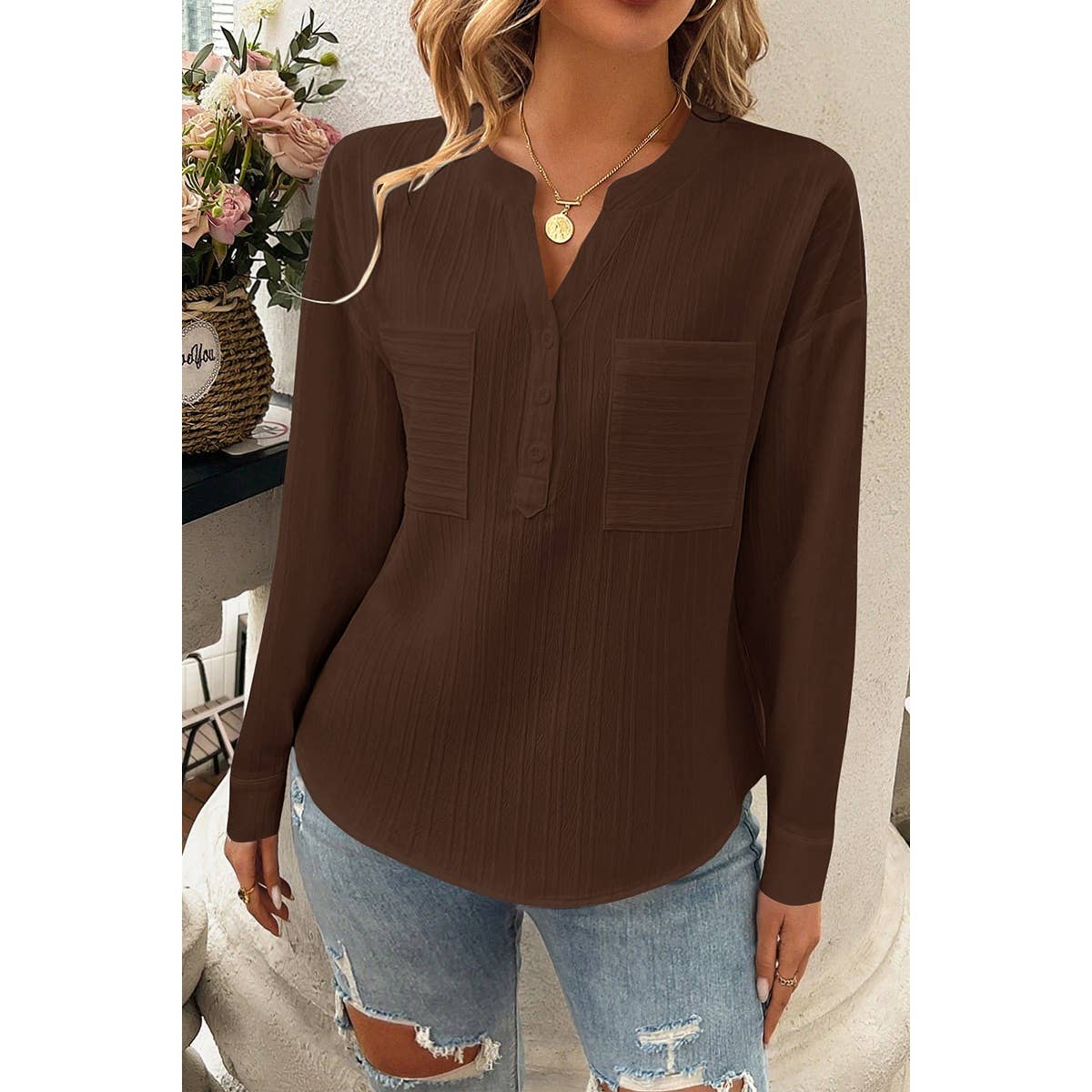 Pleated V Neck Pockets Button Drop Shoulder Blouse - MVTFASHION.COM