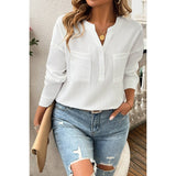 Pleated V Neck Pockets Button Drop Shoulder Blouse - MVTFASHION.COM