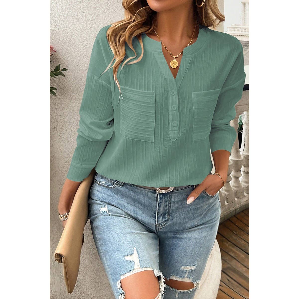 Pleated V Neck Pockets Button Drop Shoulder Blouse - MVTFASHION.COM