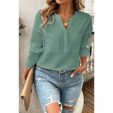 Pleated V Neck Pockets Button Drop Shoulder Blouse - MVTFASHION.COM