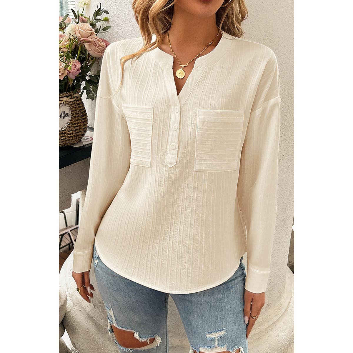 Pleated V Neck Pockets Button Drop Shoulder Blouse - MVTFASHION.COM