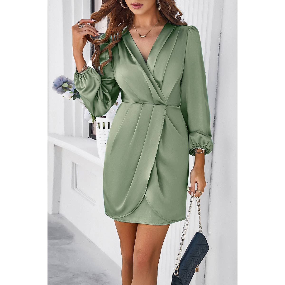 Pleated V Neck Solid Wrap Puff Sleeves Fit Dress - MVTFASHION.COM