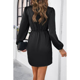 Pleated V Neck Solid Wrap Puff Sleeves Fit Dress - MVTFASHION.COM