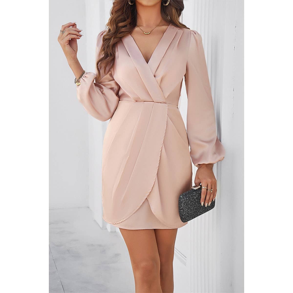 Pleated V Neck Solid Wrap Puff Sleeves Fit Dress - MVTFASHION.COM