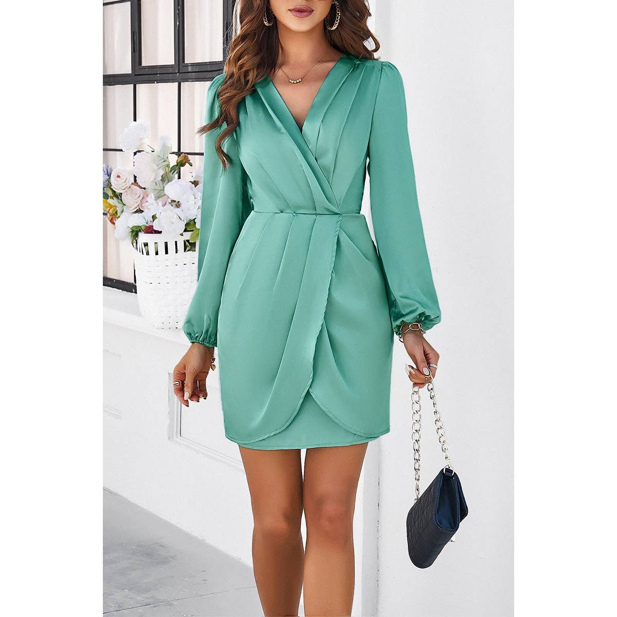 Pleated V Neck Solid Wrap Puff Sleeves Fit Dress - MVTFASHION.COM