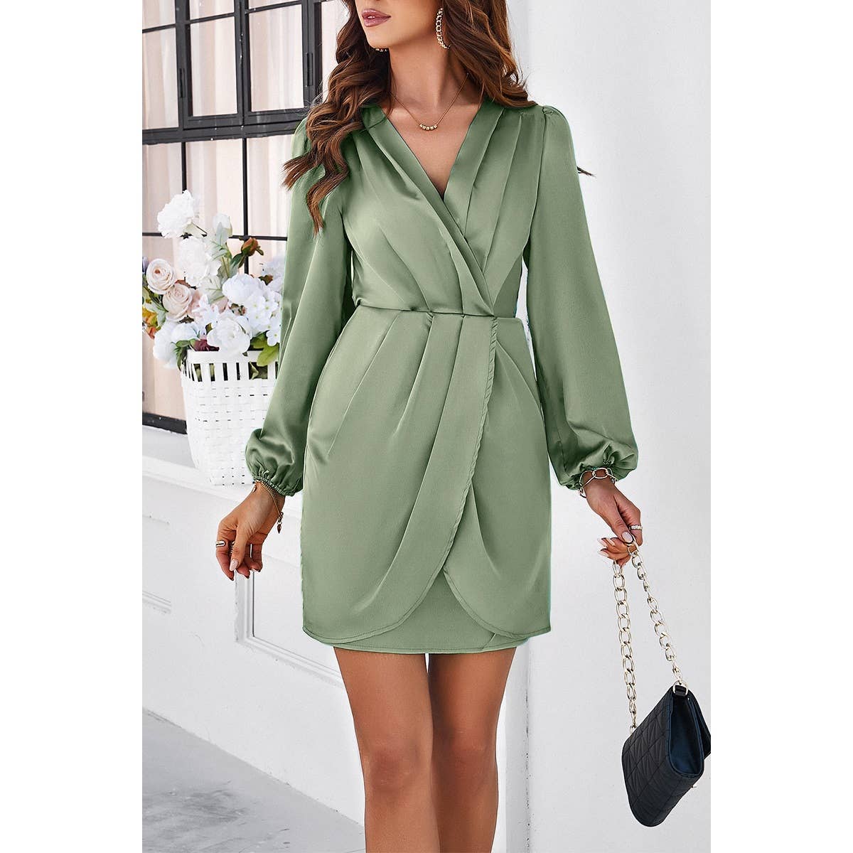 Pleated V Neck Solid Wrap Puff Sleeves Fit Dress - MVTFASHION.COM