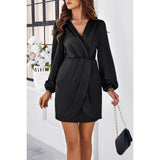 Pleated V Neck Solid Wrap Puff Sleeves Fit Dress - MVTFASHION.COM