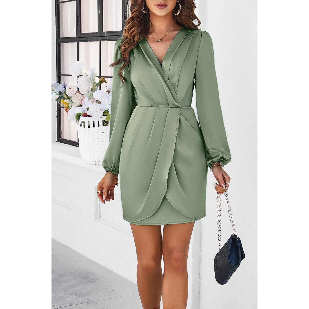 Pleated V Neck Solid Wrap Puff Sleeves Fit Dress - MVTFASHION.COM