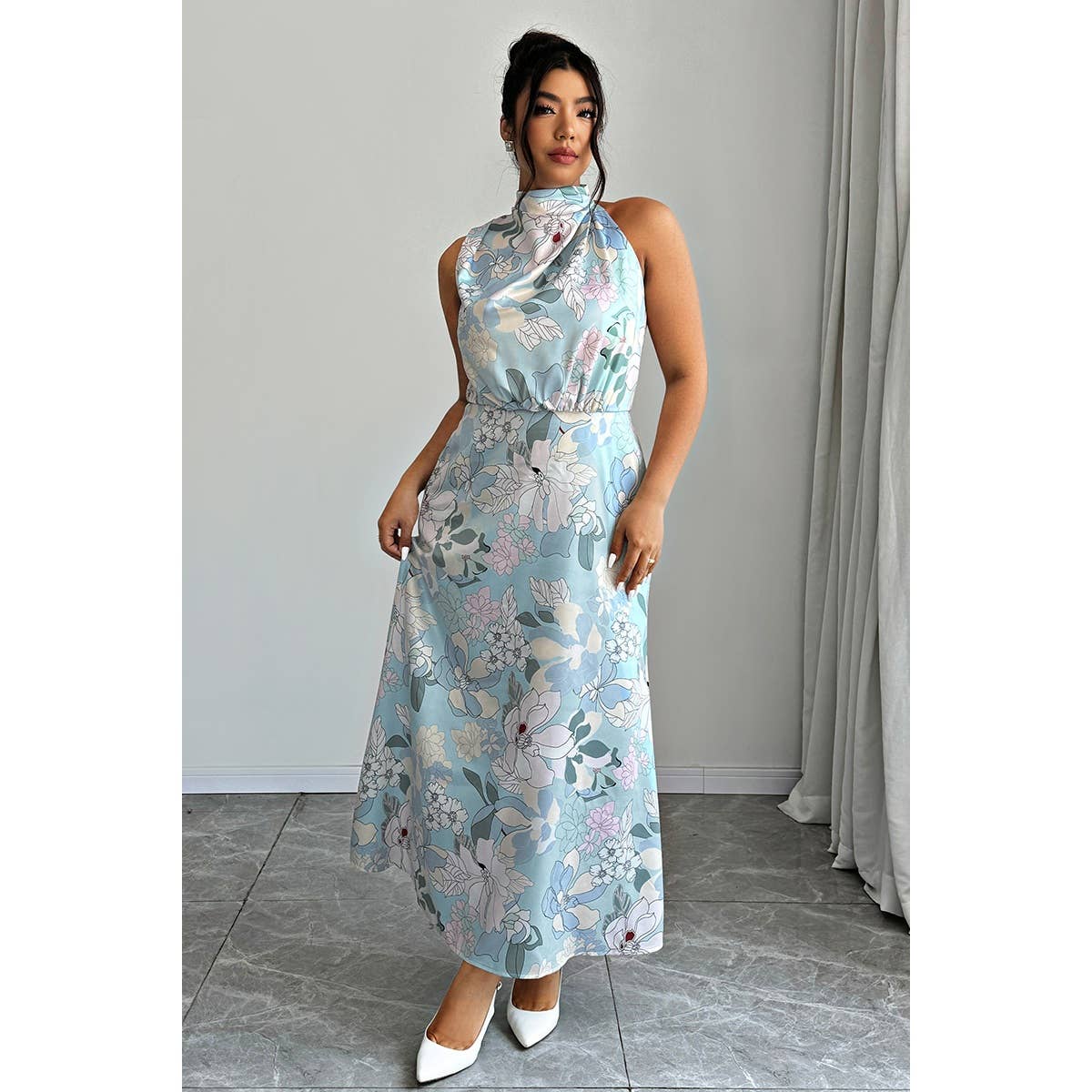Plus Allover Print Sleeveless Collar Long Dress - MVTFASHION.COM