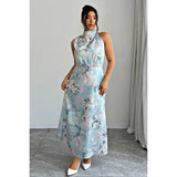 Plus Allover Print Sleeveless Collar Long Dress - MVTFASHION.COM