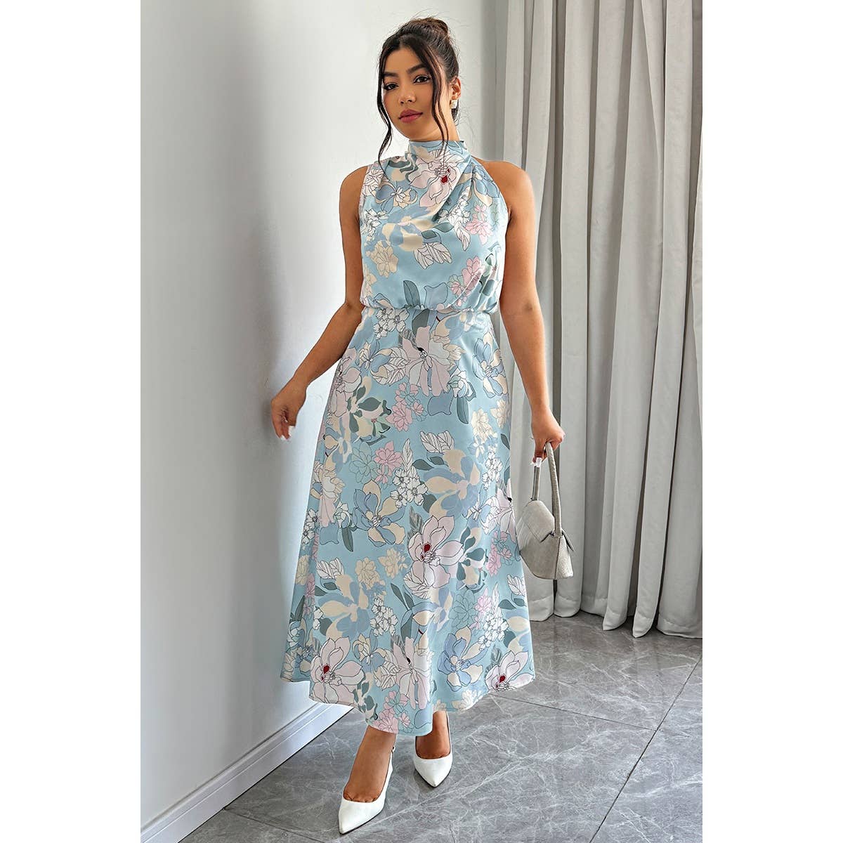 Plus Allover Print Sleeveless Collar Long Dress - MVTFASHION.COM
