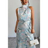 Plus Allover Print Sleeveless Collar Long Dress - MVTFASHION.COM
