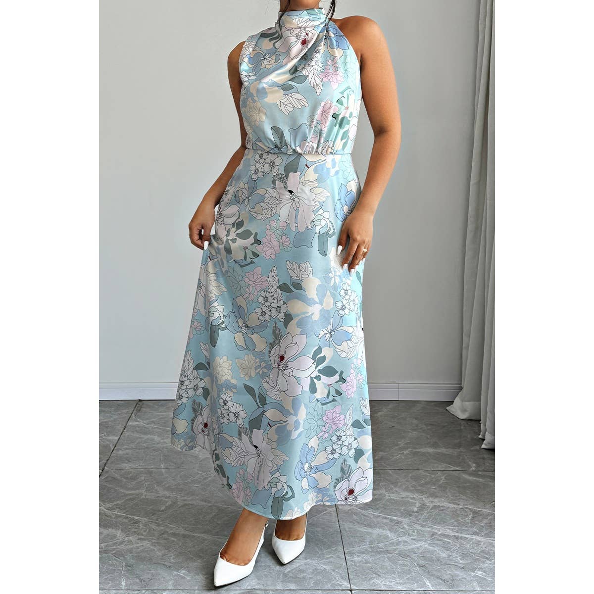 Plus Allover Print Sleeveless Collar Long Dress - MVTFASHION.COM
