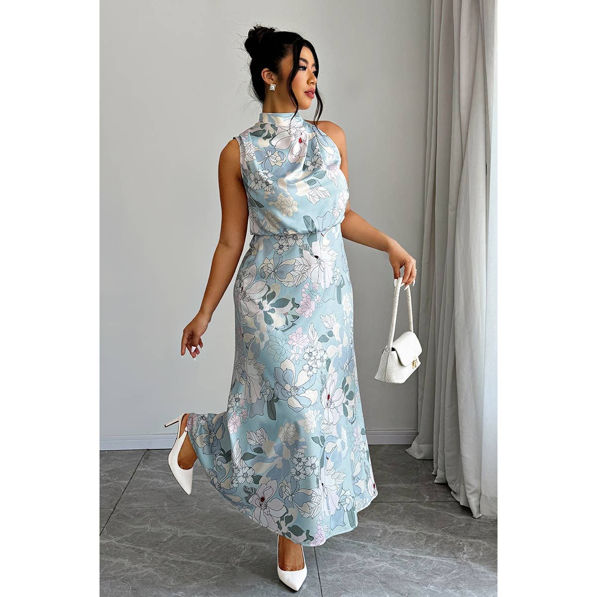 Plus Allover Print Sleeveless Collar Long Dress - MVTFASHION.COM