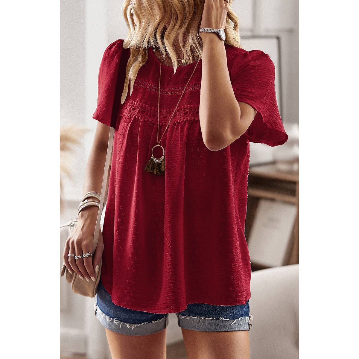 Plus Dot Cut Out Lace Trim Loose Fit Top - MVTFASHION.COM