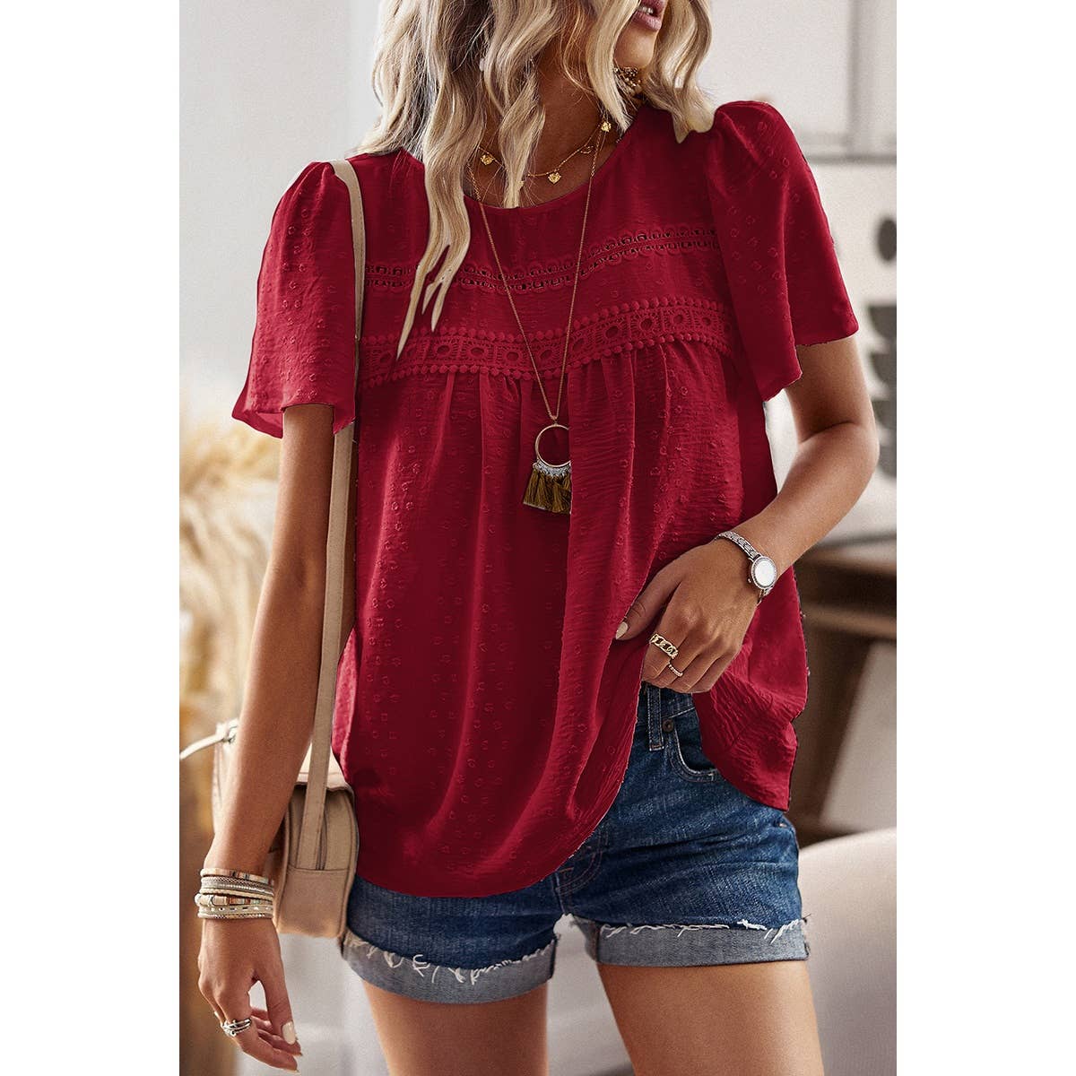 Plus Dot Cut Out Lace Trim Loose Fit Top - MVTFASHION.COM