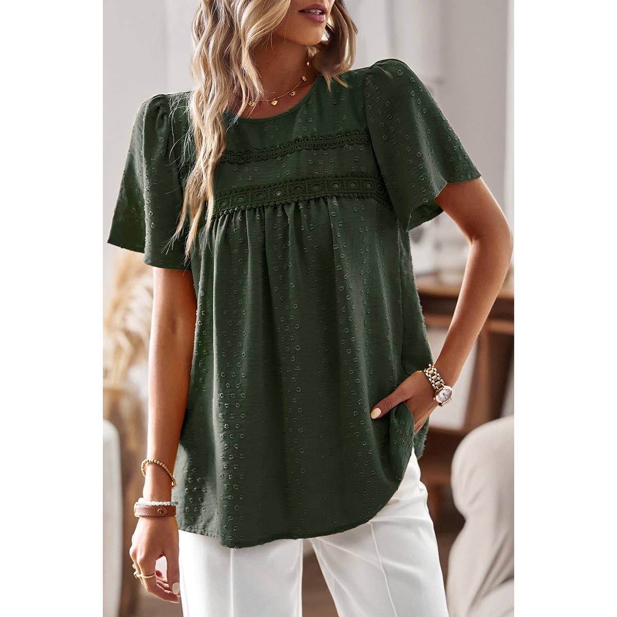 Plus Dot Cut Out Lace Trim Loose Fit Top - MVTFASHION.COM