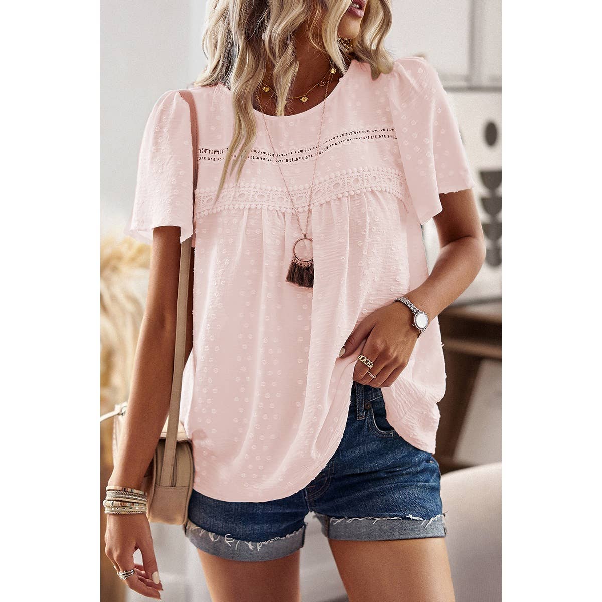 Plus Dot Cut Out Lace Trim Loose Fit Top - MVTFASHION.COM