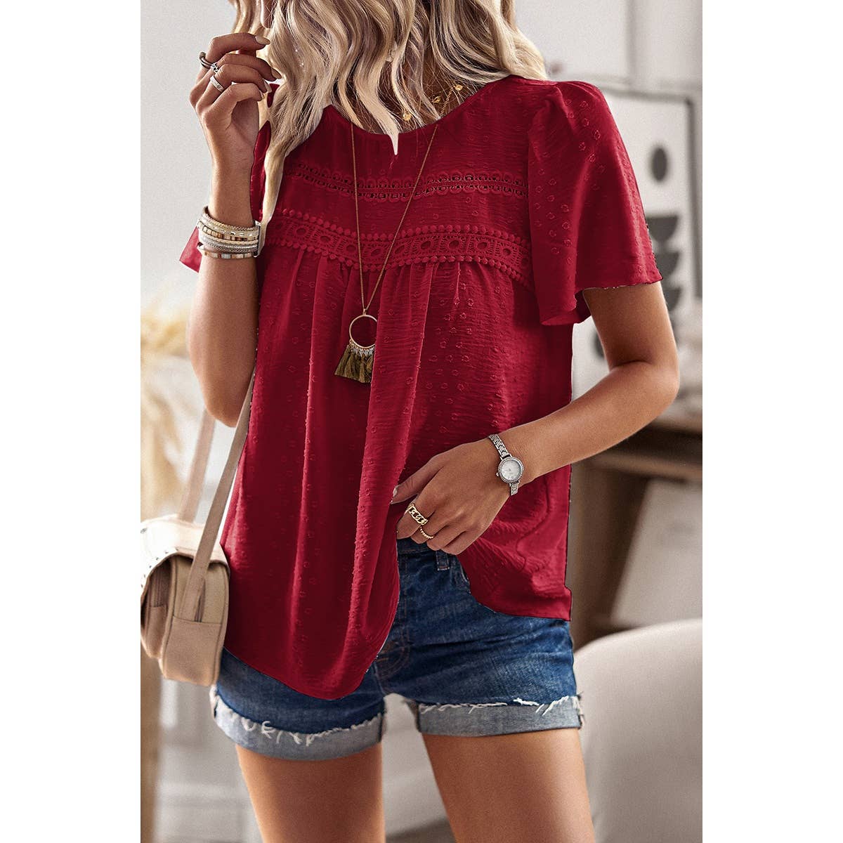 Plus Dot Cut Out Lace Trim Loose Fit Top - MVTFASHION.COM