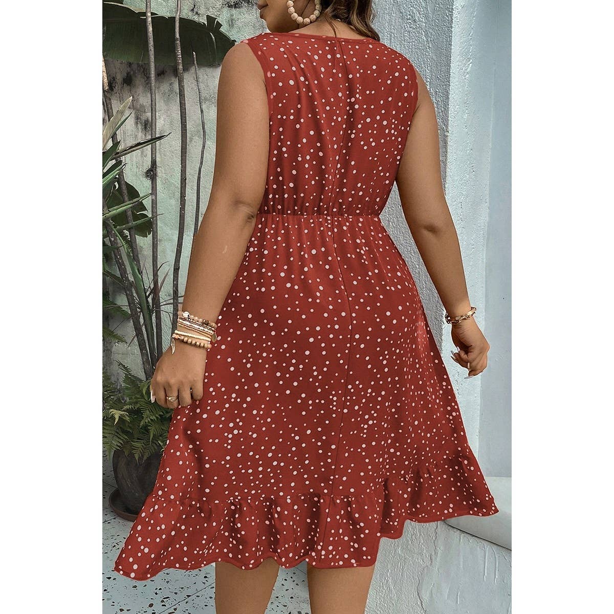 Plus Dot Print High Elastic Waist Ruffle Dress - MVTFASHION.COM
