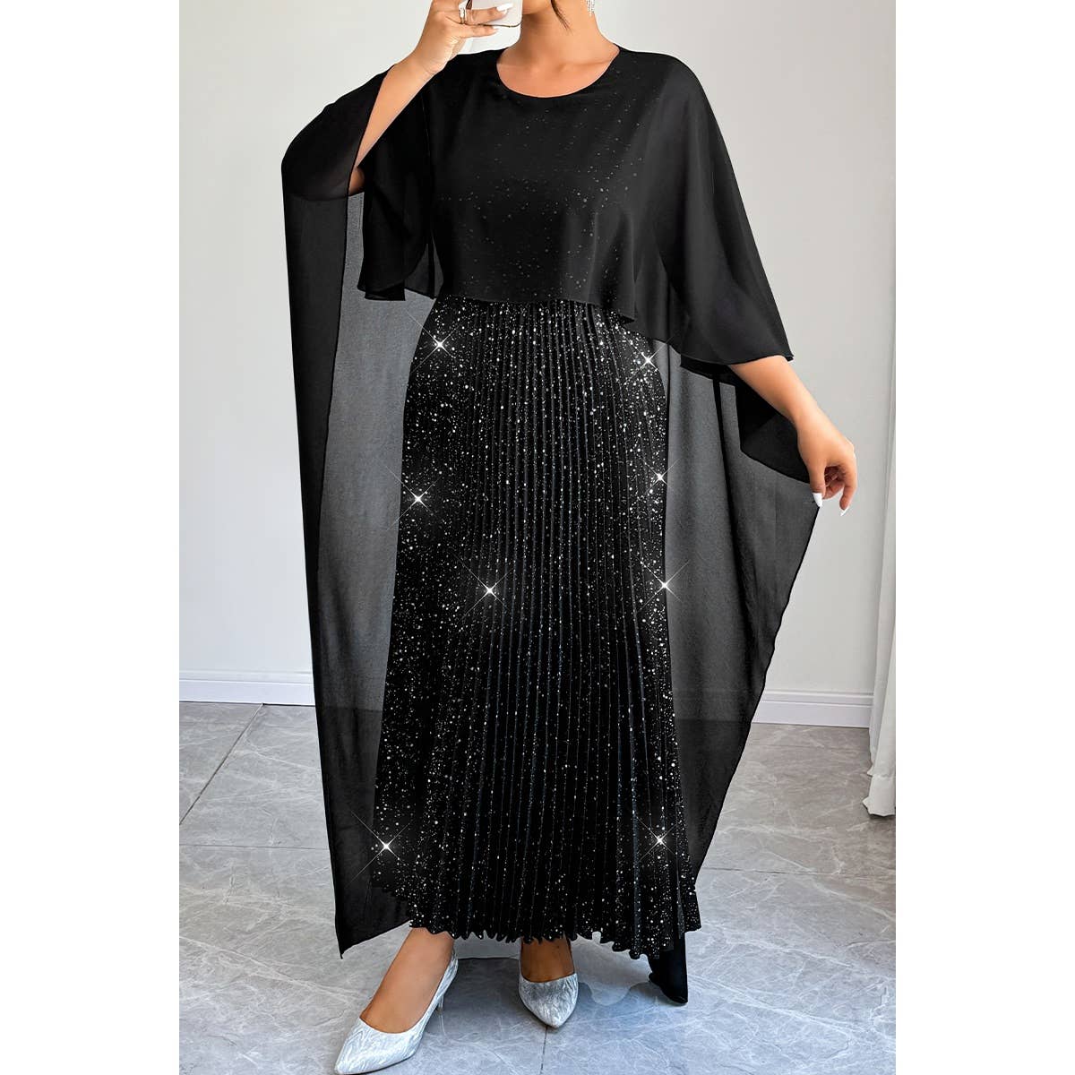 Plus Elegant Sequin Satin Knit Party Long Dress - MVTFASHION.COM