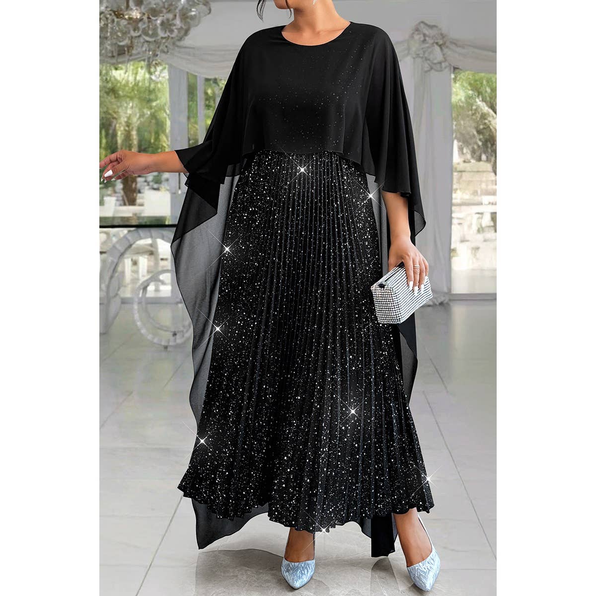 Plus Elegant Sequin Satin Knit Party Long Dress - MVTFASHION.COM