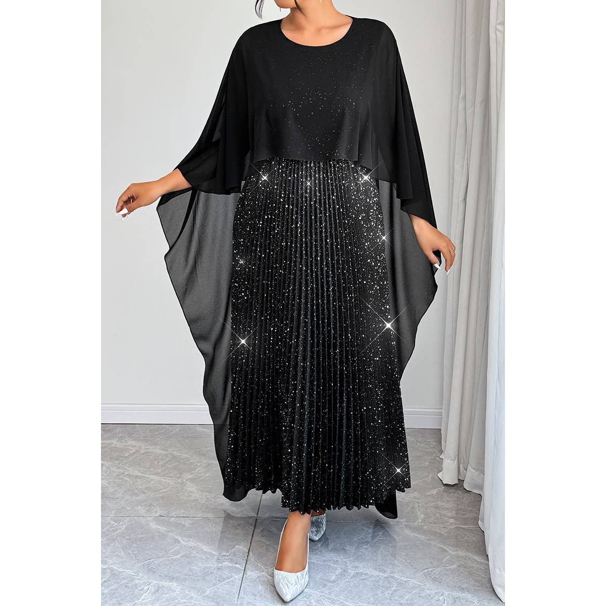 Plus Elegant Sequin Satin Knit Party Long Dress - MVTFASHION.COM