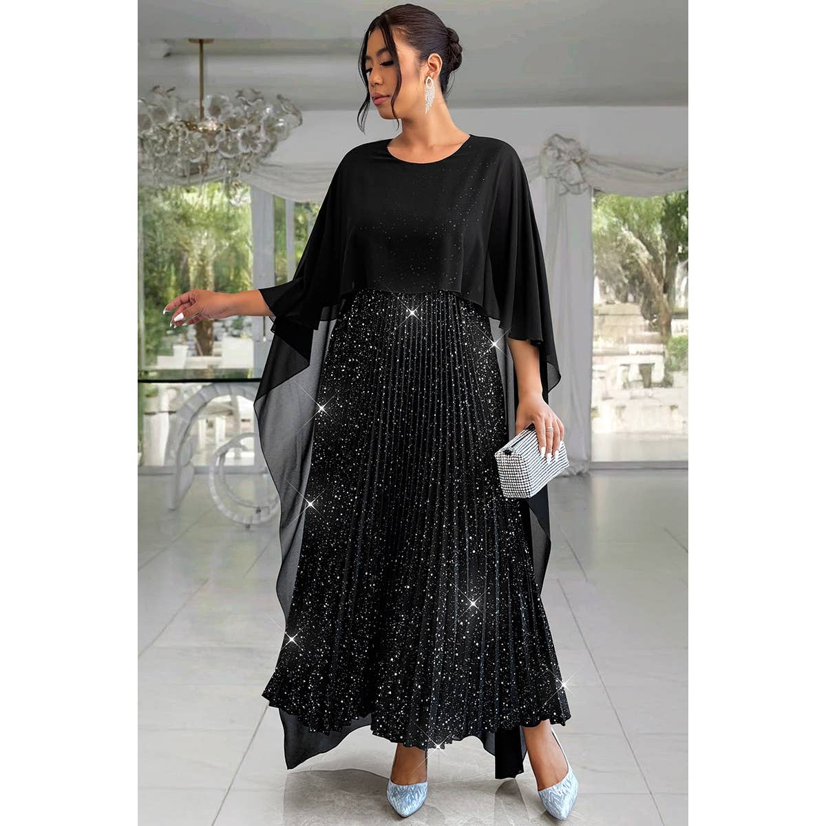 Plus Elegant Sequin Satin Knit Party Long Dress - MVTFASHION.COM