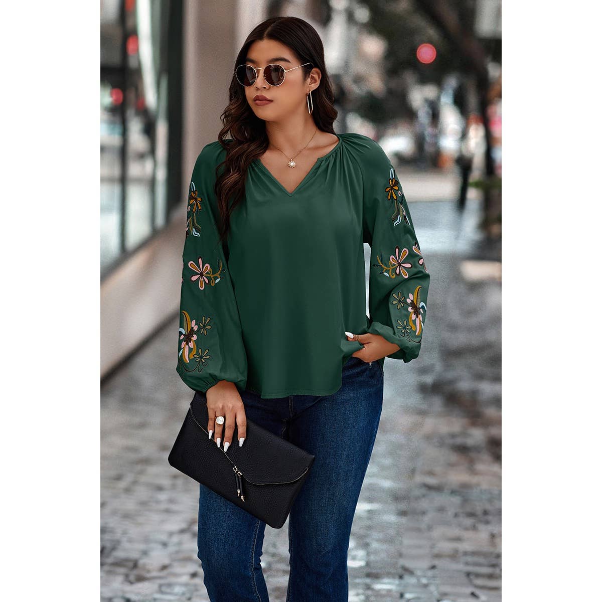 Plus Floral Print V Cut Loose Fit Ruched Blouse - MVTFASHION.COM