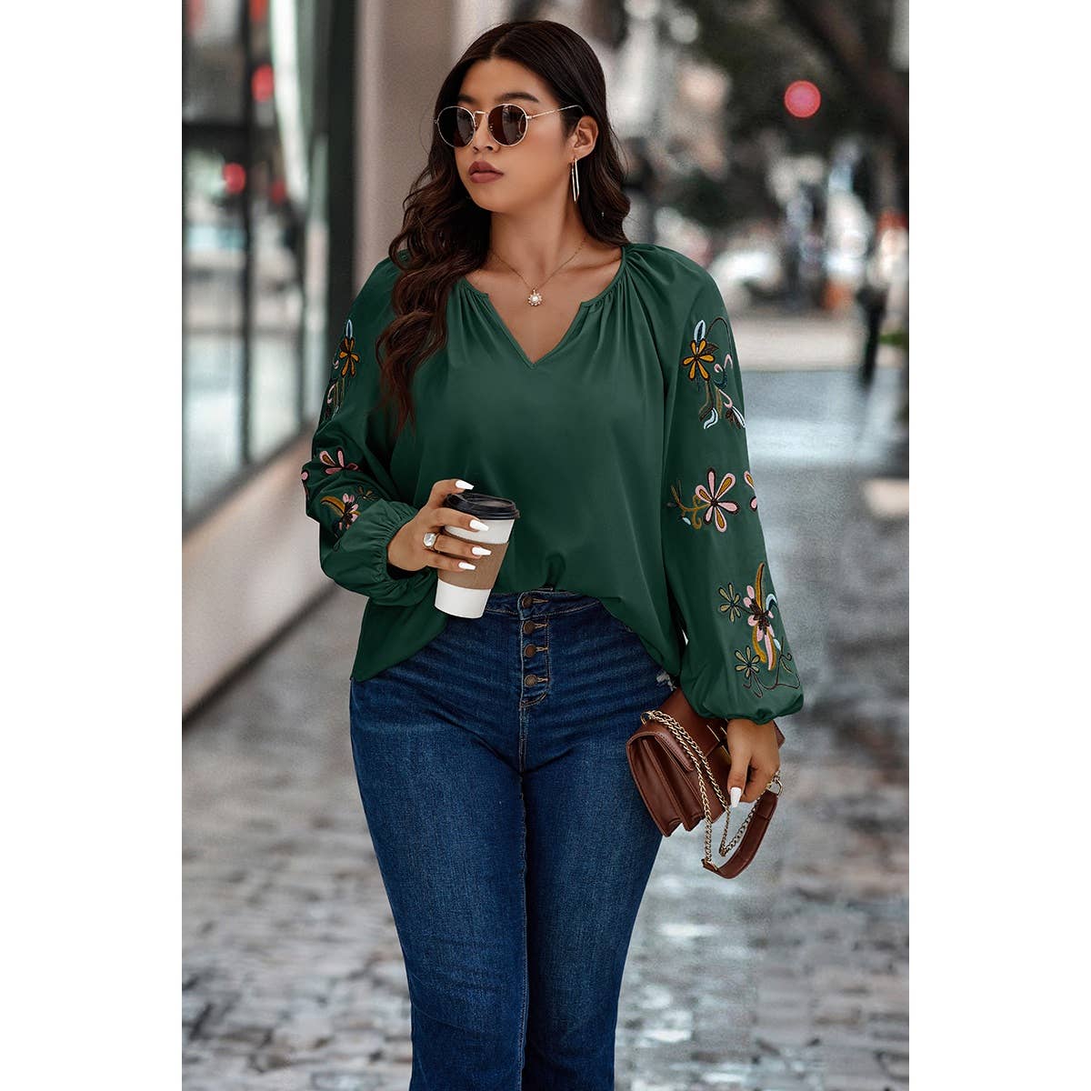 Plus Floral Print V Cut Loose Fit Ruched Blouse - MVTFASHION.COM