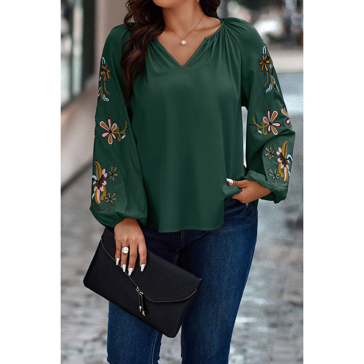 Plus Floral Print V Cut Loose Fit Ruched Blouse - MVTFASHION.COM