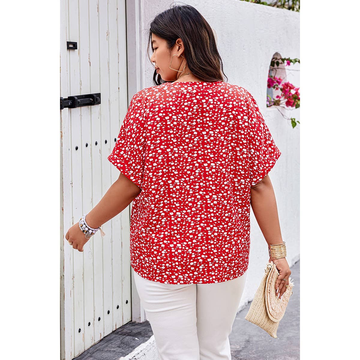 Plus Floral Print V Neck Short Sleeve Loose Blouse - MVTFASHION.COM