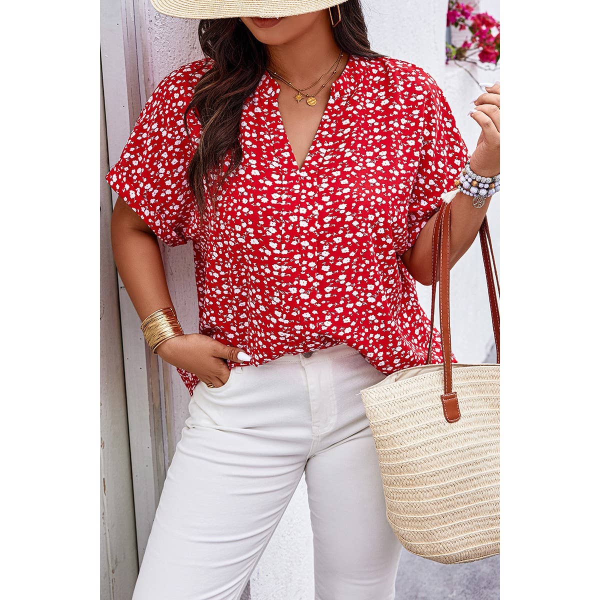 Plus Floral Print V Neck Short Sleeve Loose Blouse - MVTFASHION.COM
