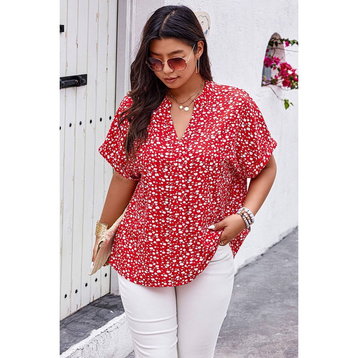 Plus Floral Print V Neck Short Sleeve Loose Blouse - MVTFASHION.COM