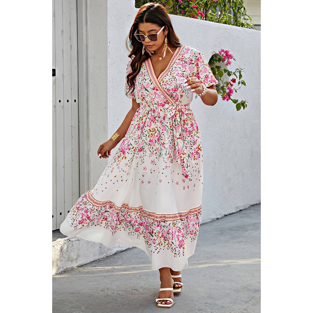 Plus Floral Print Wrap Ruffle Belt Knot Dress - MVTFASHION.COM