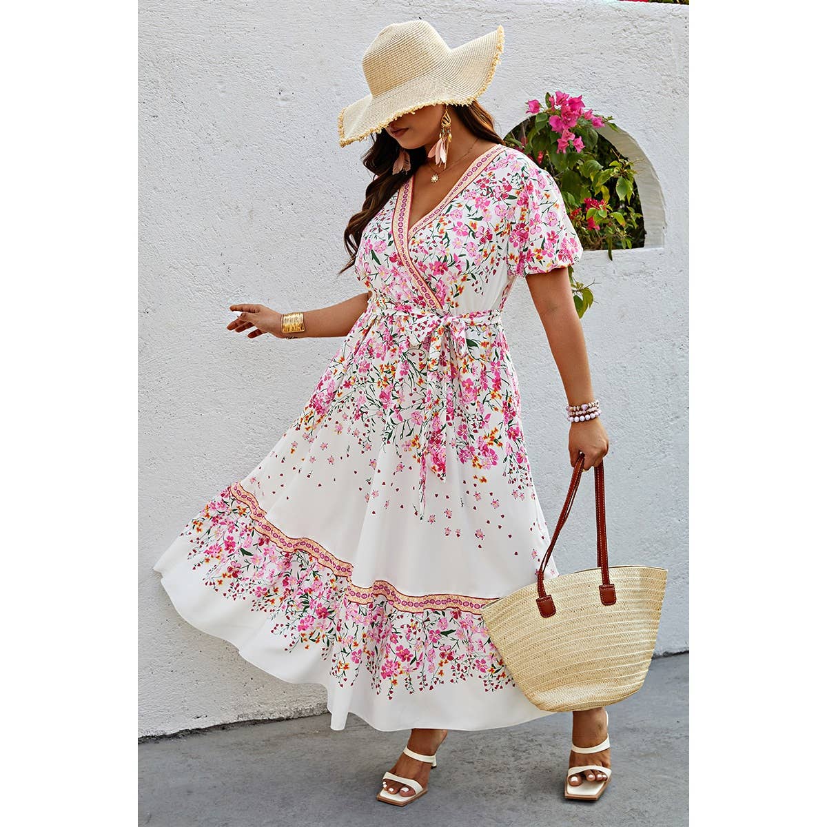 Plus Floral Print Wrap Ruffle Belt Knot Dress - MVTFASHION.COM