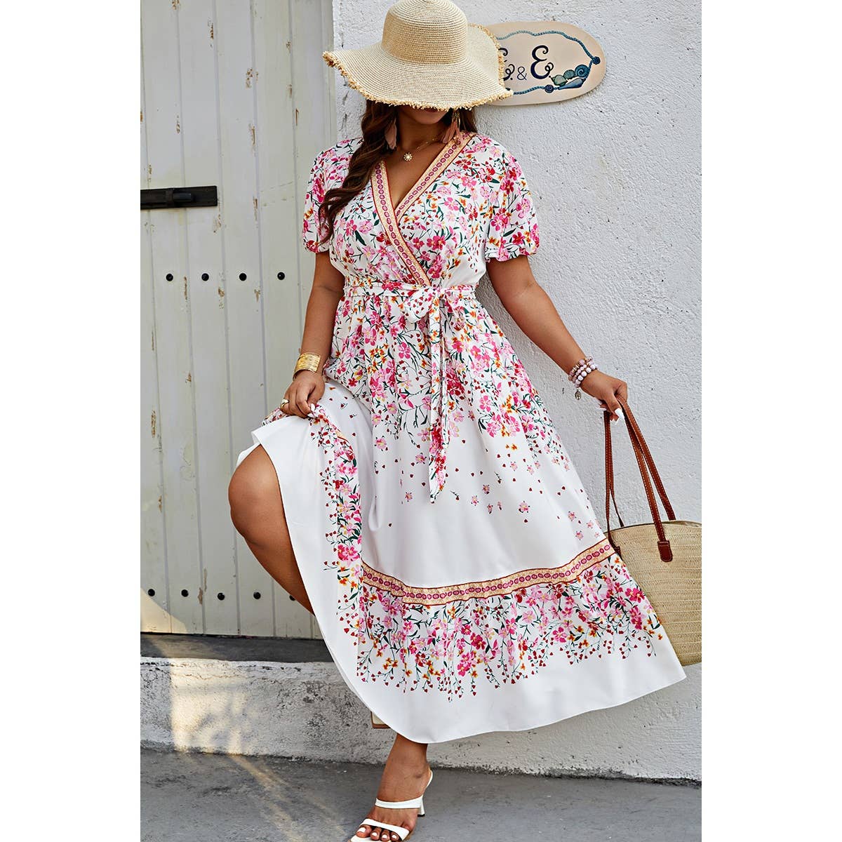 Plus Floral Print Wrap Ruffle Belt Knot Dress - MVTFASHION.COM