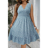 Plus Floral Ruched Ealstic Waist Ruffle Midi Dress - MVTFASHION.COM