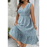 Plus Floral Ruched Ealstic Waist Ruffle Midi Dress - MVTFASHION.COM