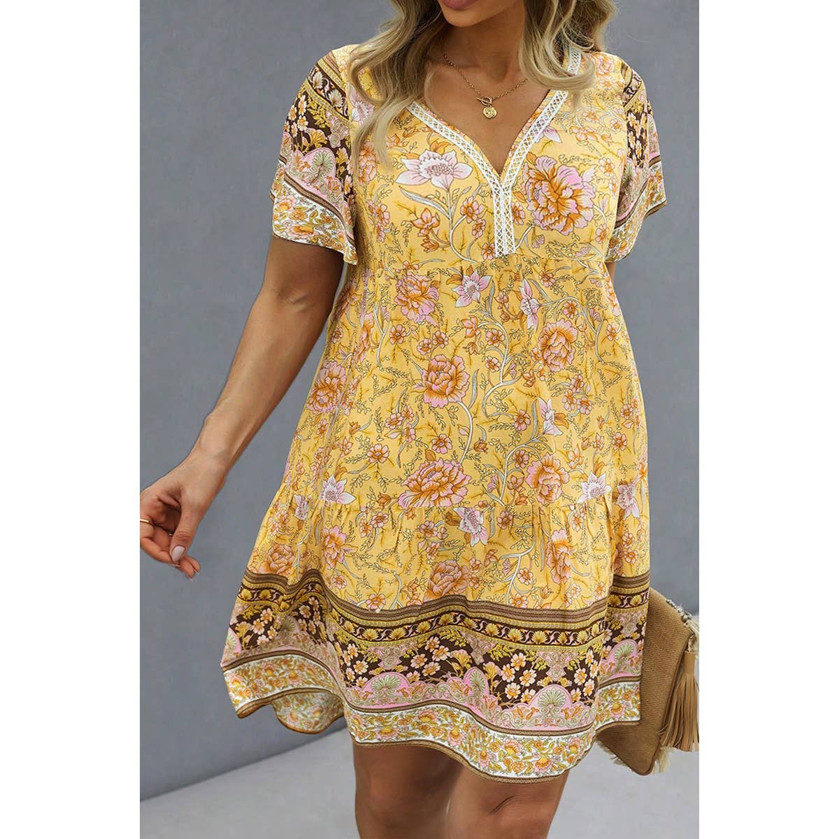 Plus Floral V Neck Lace Trim Ruffle Hem Dress - MVTFASHION.COM