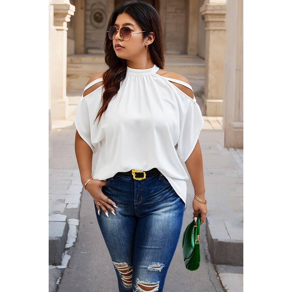 Plus Halter Open Shoulder Bat Sleeves Loose Top - MVTFASHION.COM