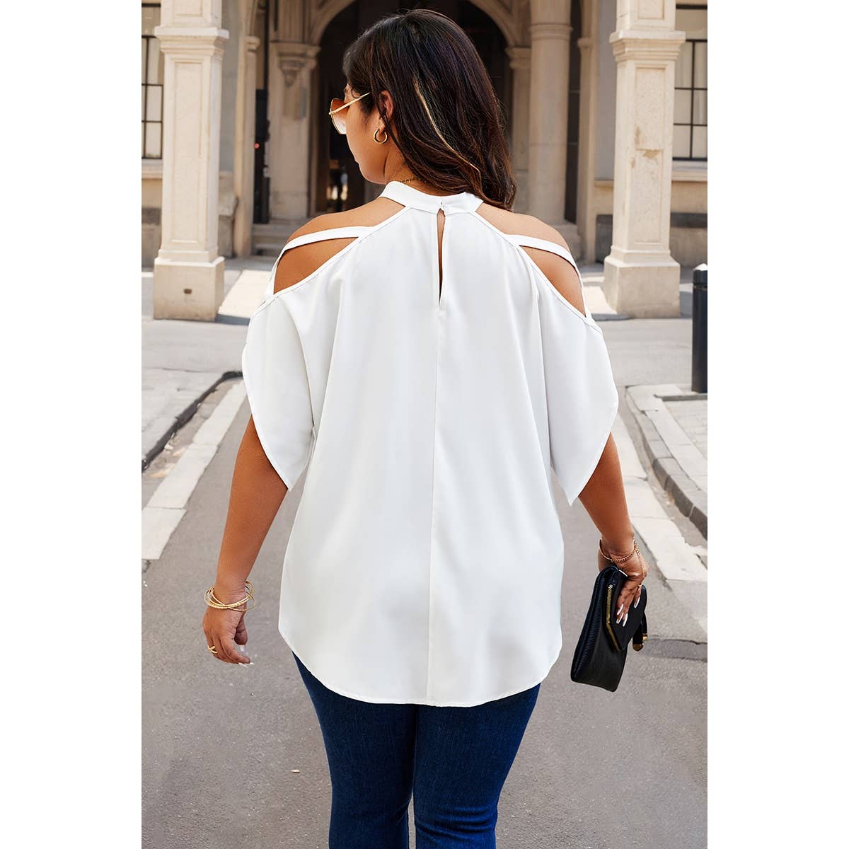 Plus Halter Open Shoulder Bat Sleeves Loose Top - MVTFASHION.COM