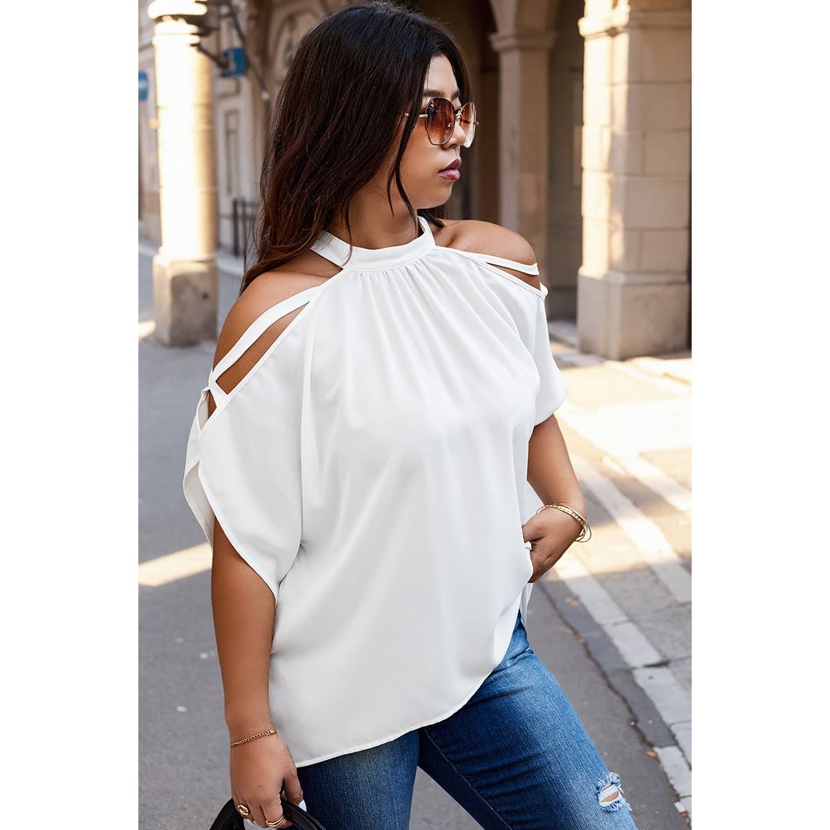 Plus Halter Open Shoulder Bat Sleeves Loose Top - MVTFASHION.COM