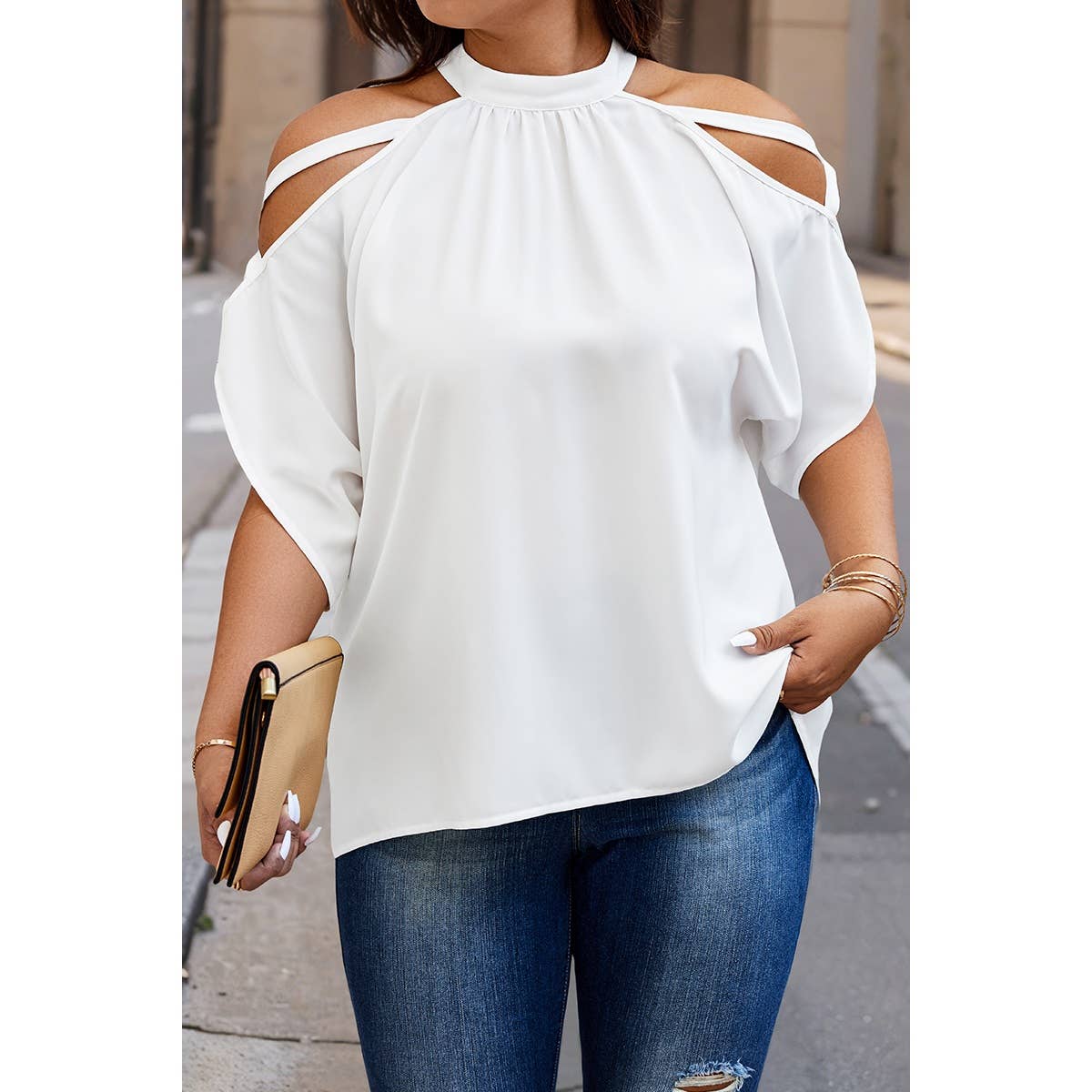 Plus Halter Open Shoulder Bat Sleeves Loose Top - MVTFASHION.COM