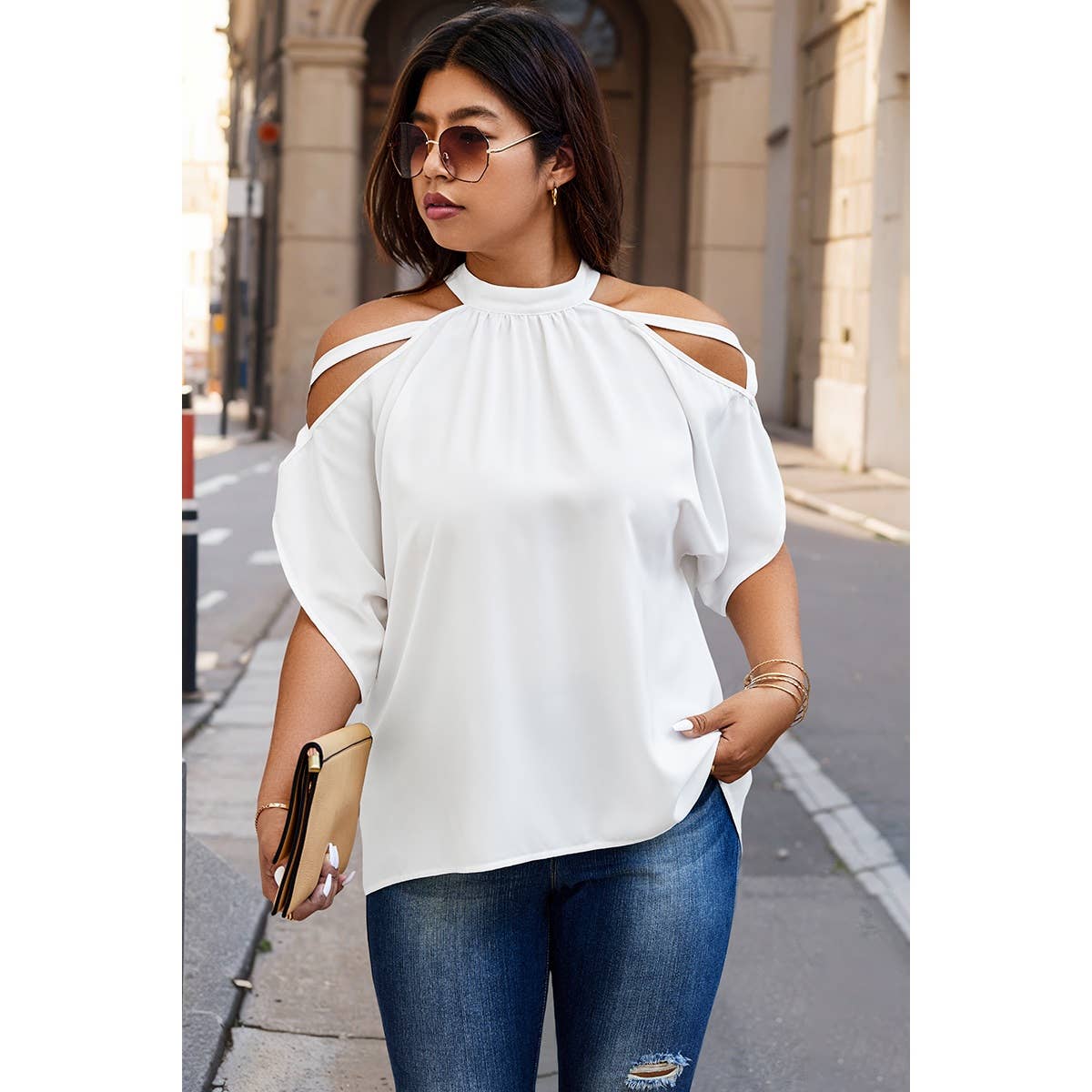 Plus Halter Open Shoulder Bat Sleeves Loose Top - MVTFASHION.COM