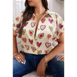 Plus Heart Print Button Down Batwing Sleeve Blouse - MVTFASHION.COM